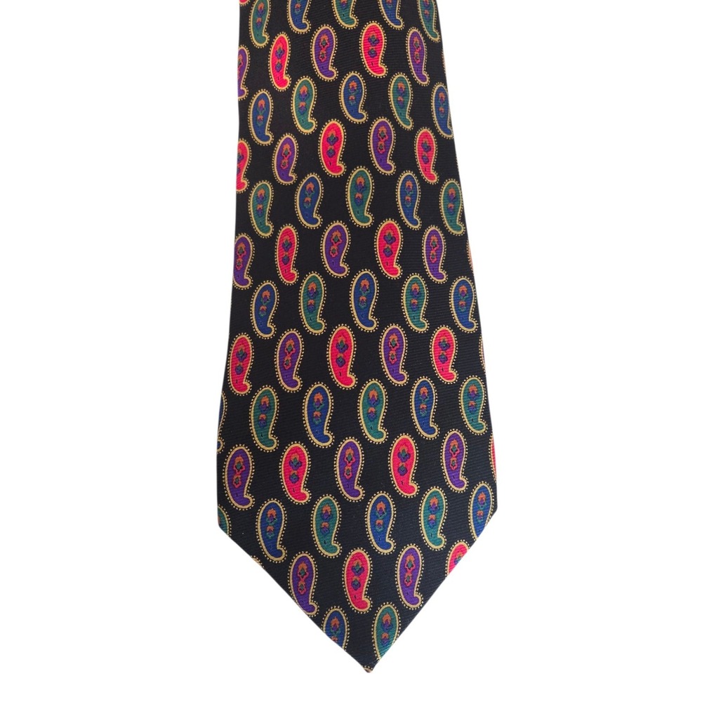 BULLOCK & JONES Mens 100% Silk Black Necktie ITALY Designer Paisley Tie EUC